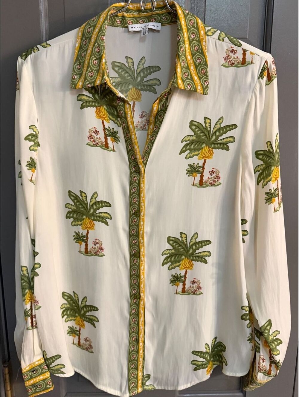 Anthro Maison d'Amélie Tropical Resort Palm Tree Button Front Blouse Sz S